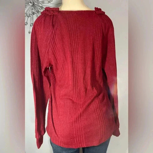 Wiholl Women’s Solid Raglan Long Sleeve Ribbed Ruffle Smocked Sweater - Picture 2 of 11